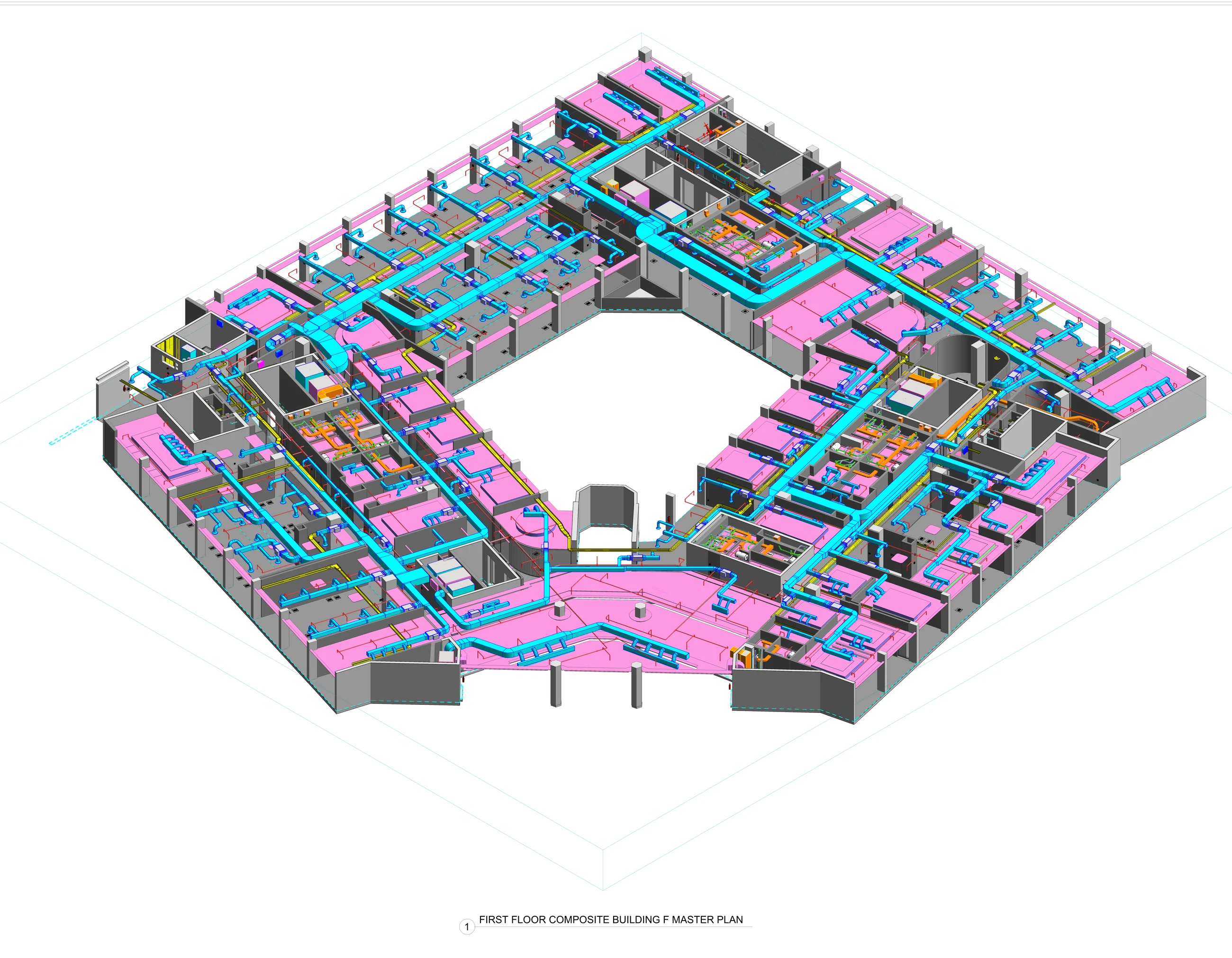 3D MEP coordination model showing ducts, pipes, services, and vertical routes.