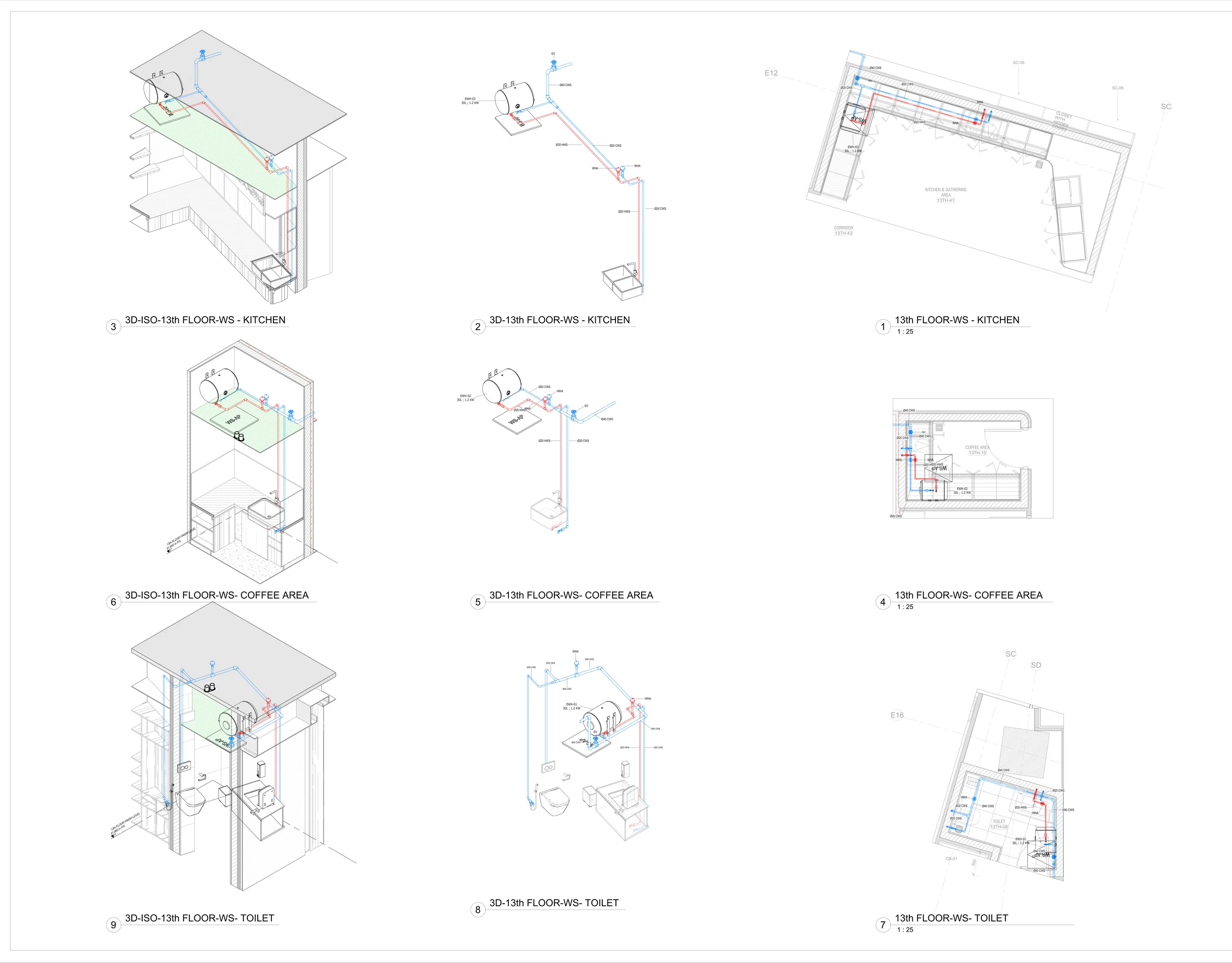 MEP detail sheet with sections, service connections, and technical notes.