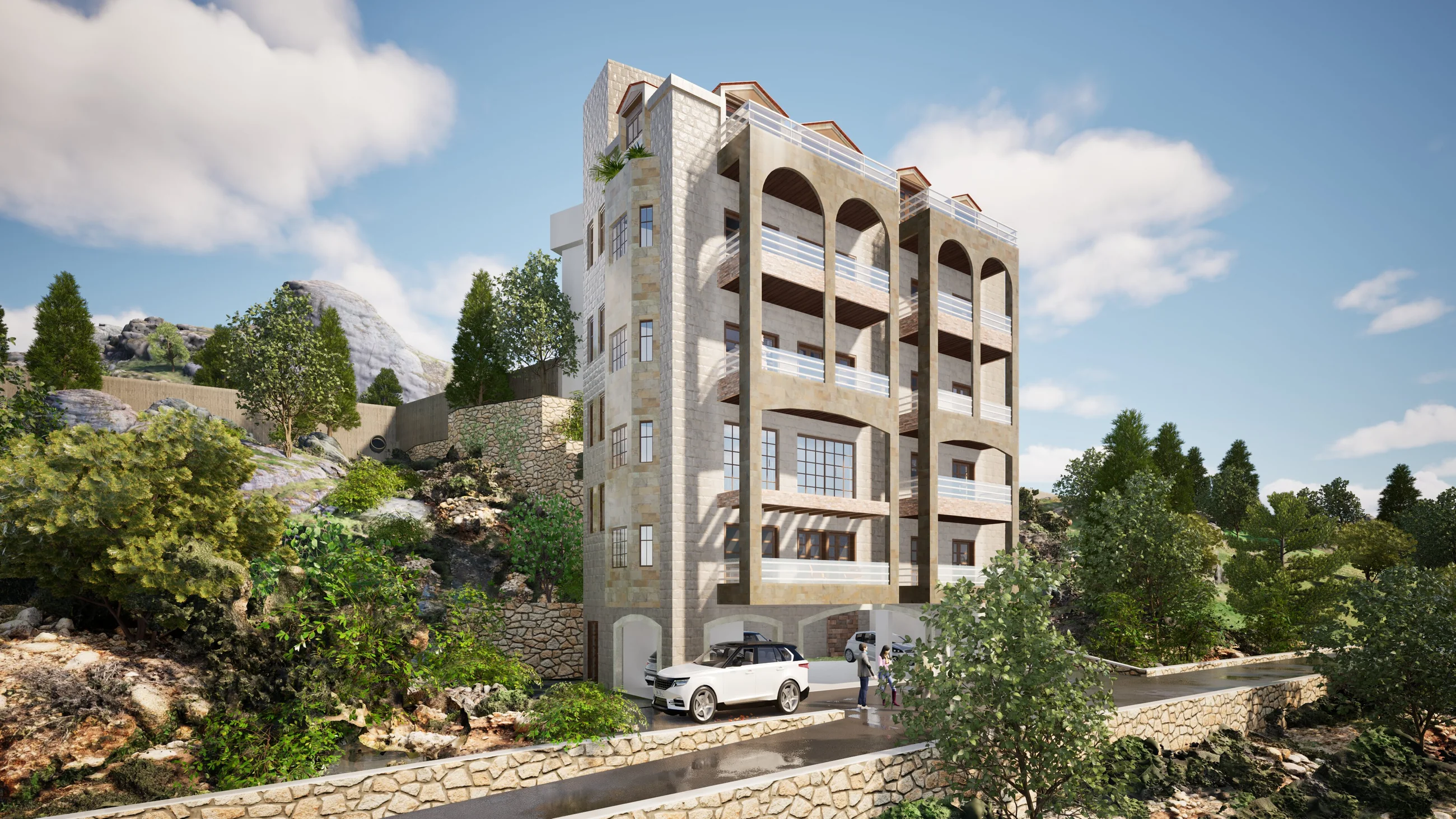 Mountain residence approach view with entry, layered massing, and surrounding landscape.