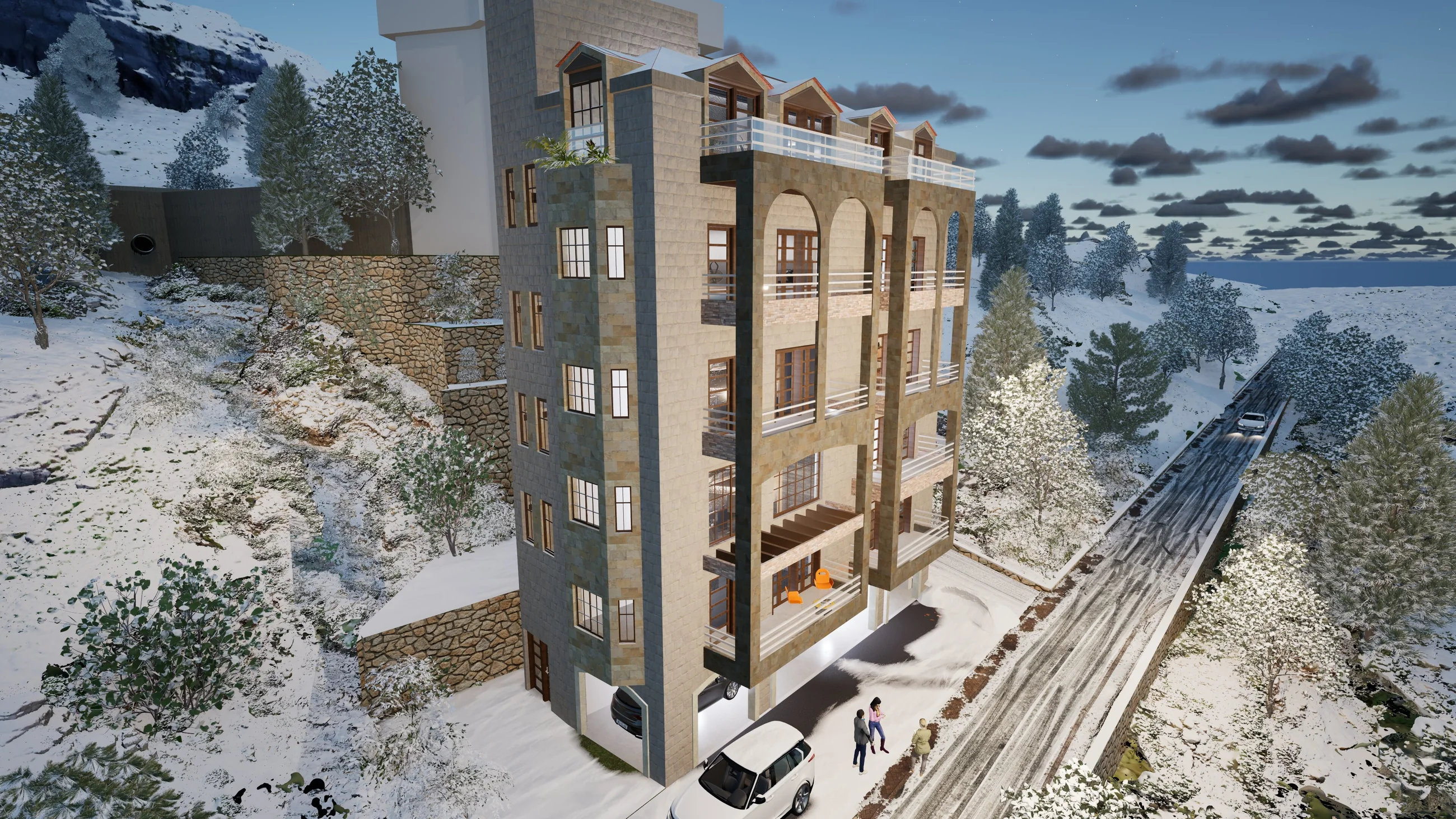 Mountain residence exterior shown in a winter landscape setting.