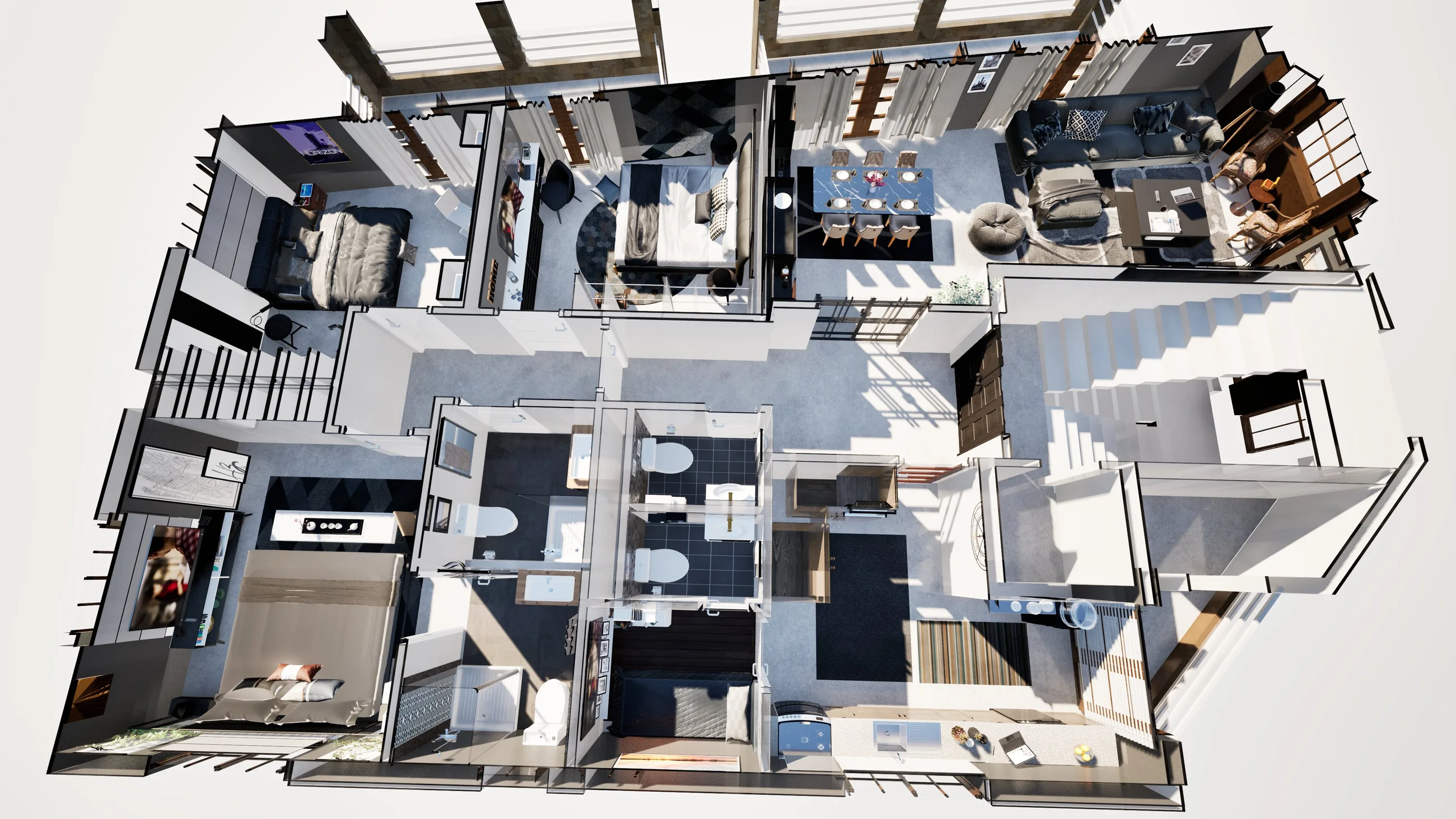Typical apartment isometric showing furniture, rooms, wet areas, and circulation.