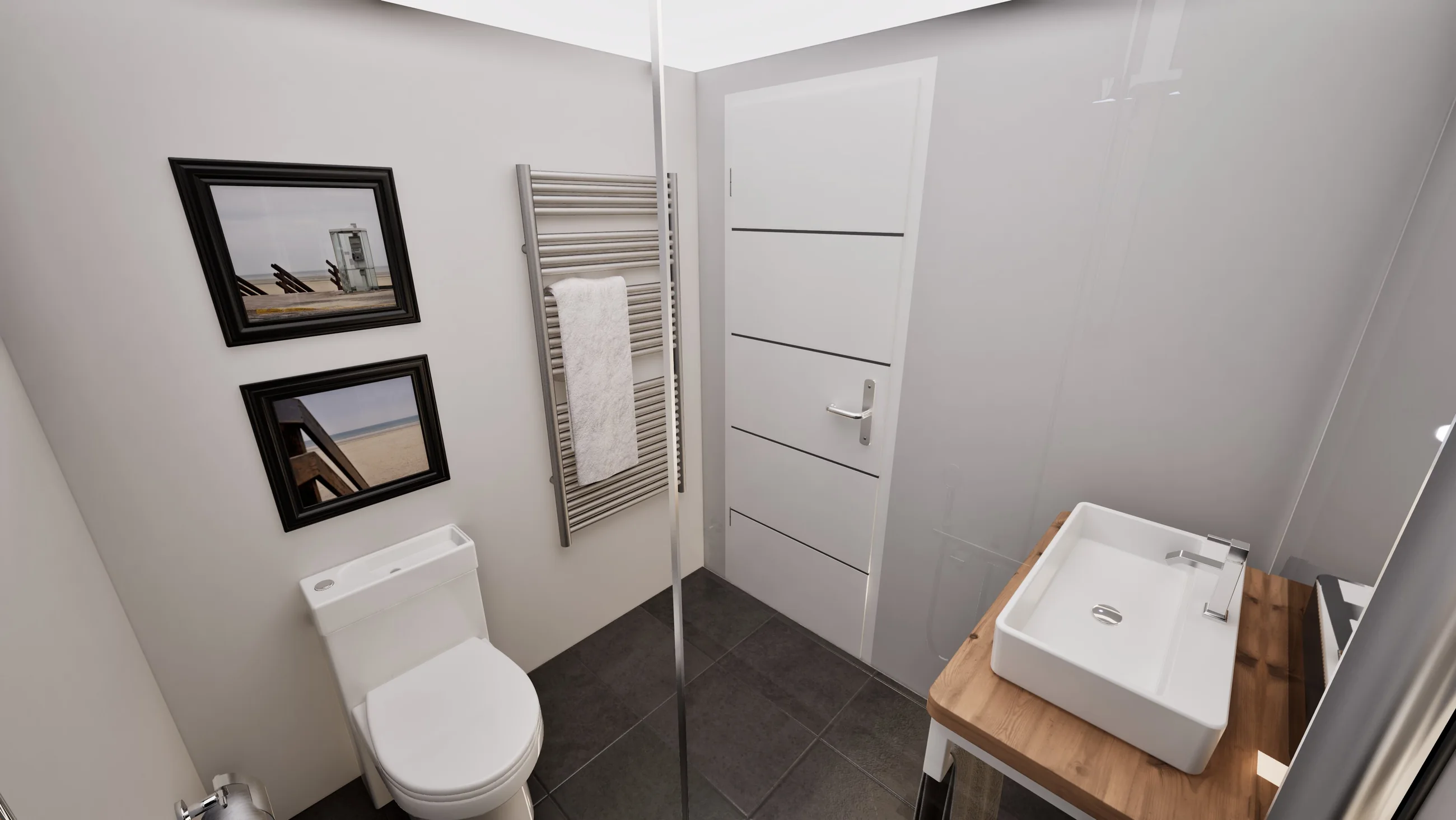 Typical bathroom interior with vanity, shower area, and compact layout.