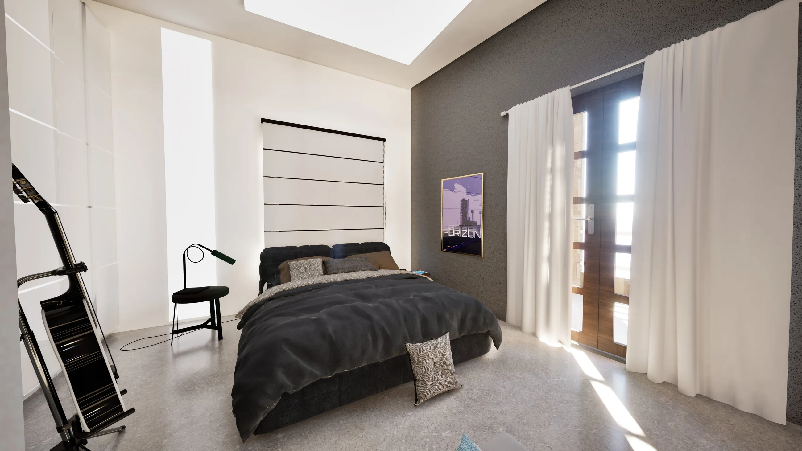 Typical bedroom interior with bed, daylight, neutral finishes, and compact planning.