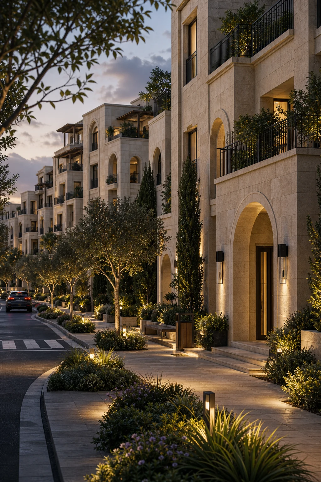 Residential tower visualization with vertical clarity, balconies, and an active urban edge.