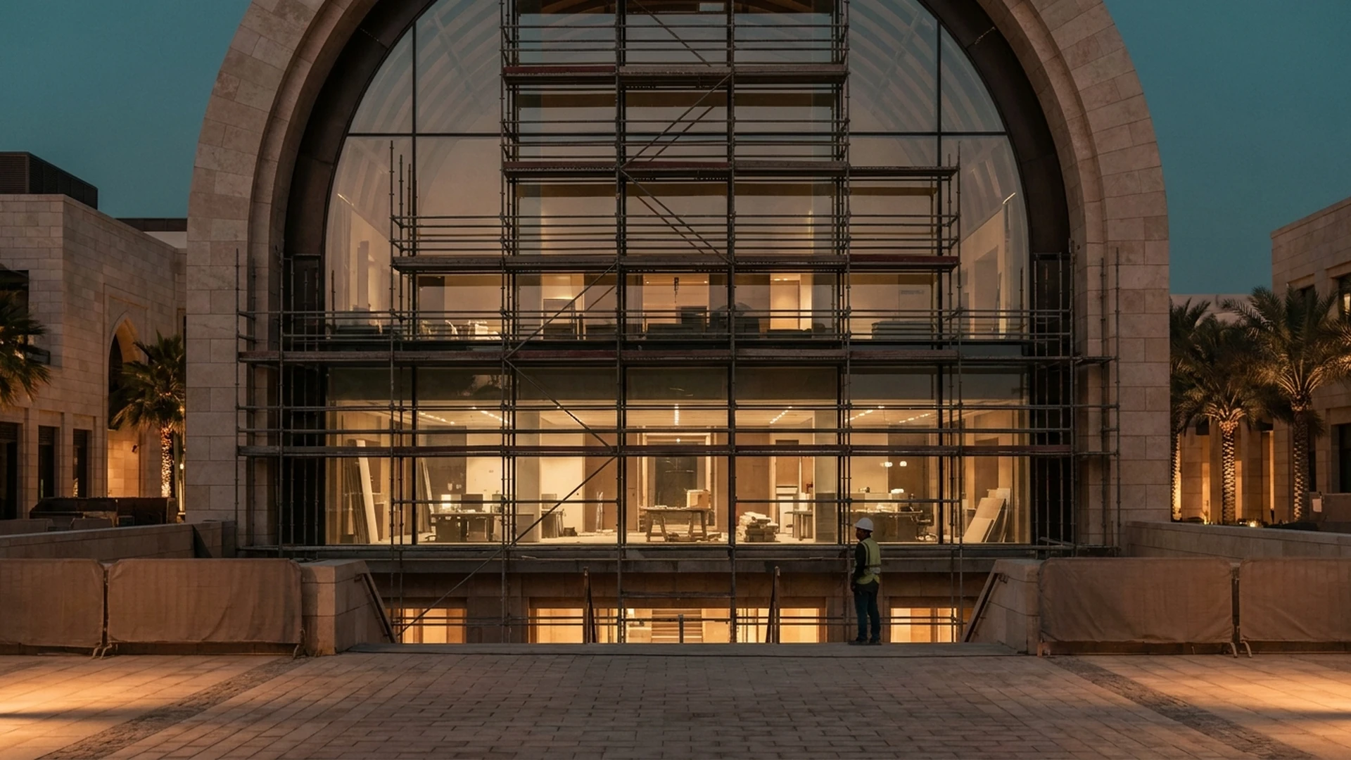 Elegant arched facade under controlled construction at dusk with precise scaffolding and warm interior light.