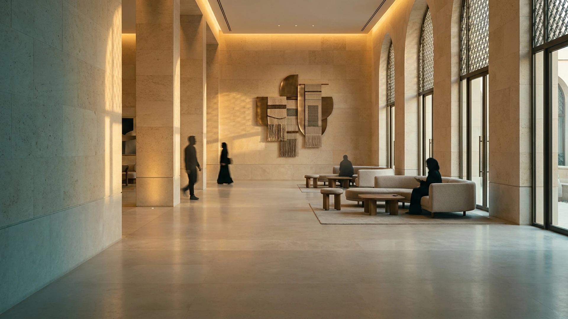 Warm civic interior with human-scaled seating, calm circulation, and subtle people cues.