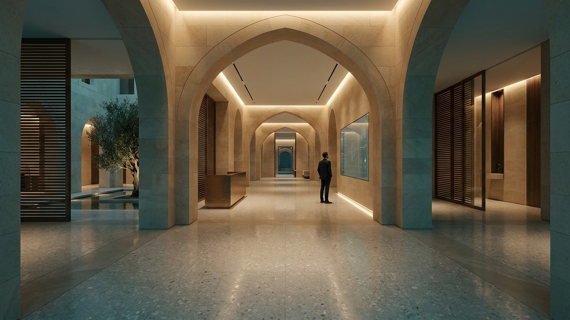 Contemporary arched interior blending traditional stone forms with modern integrated lighting.
