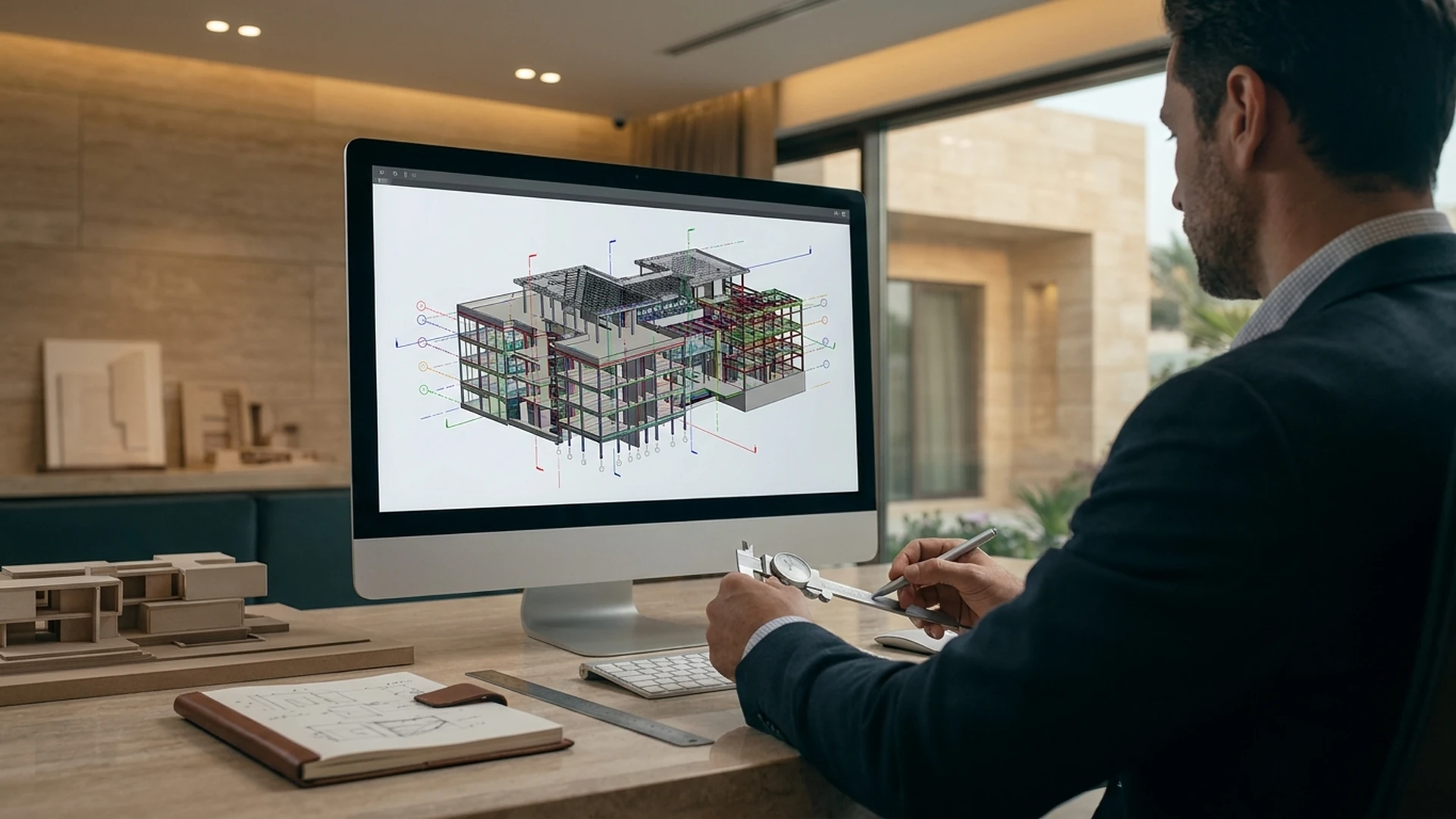 Engineer reviewing a precise digital building model in a refined studio environment.