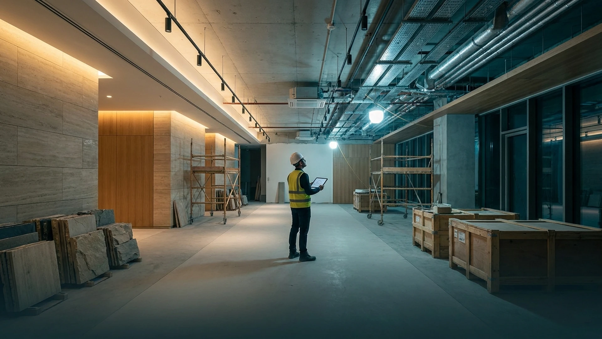 Engineer inspecting coordinated services and architectural finish in an orderly construction interior.