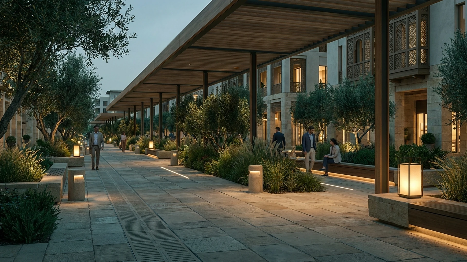 Sustainable shaded public realm with native planting, integrated infrastructure, and warm evening light.