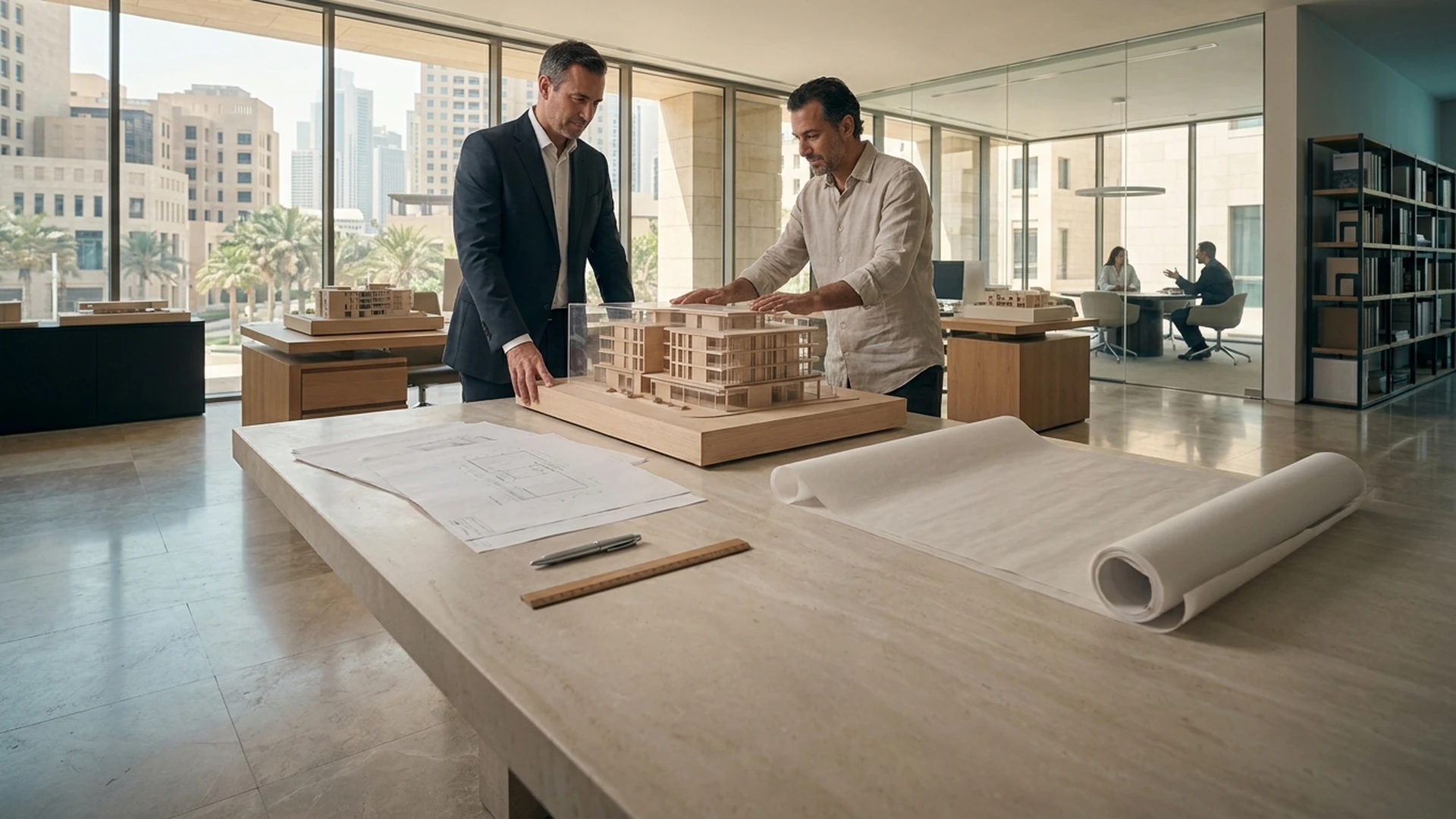 Architects and clients reviewing a physical architectural model together in a bright premium studio.